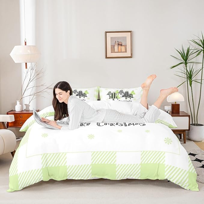 Manfei Xmas Trees Duvet Cover Set Twin Size, Green Plaid Grid Snowflake Bedding Set for Kids Girls Bedroom Decor, Christmas Theme Comforter Cover New Year Quilt Cover with 1 Pillowcase, No Comforter