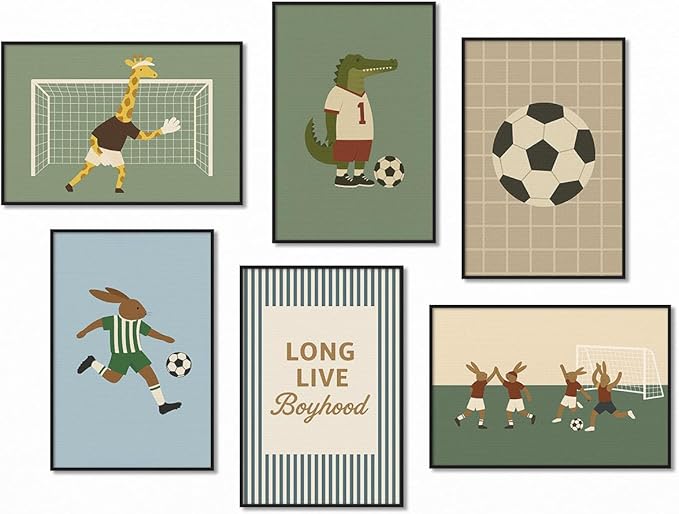Soccer Posters, Nursery Animal Sports Posters, Long Live Boyhood Inspirational Quote Print, Football Athletes Giraffe Rabbit Crocodile Pictures, Boys Bedroom Sports Artwork 16x24in Wrapped Canvas