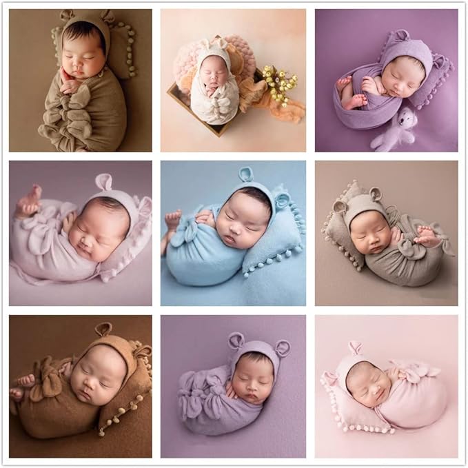 Vemonllas Newborn Baby Boy Girl Photography Props Bow Wrap, Posing Aid, Hat and Blanket Set of 4 Pcs