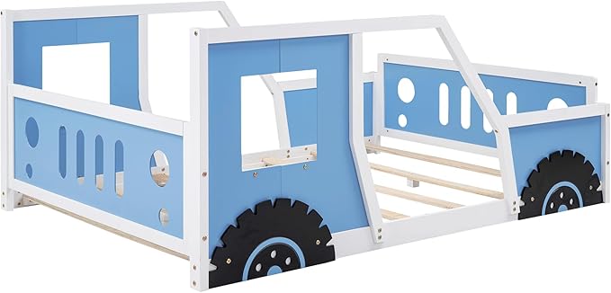 Merax Full Size Classic Car-Shaped Platform Bed with Wheels, Wood Car Bed Frame for Boys, Blue