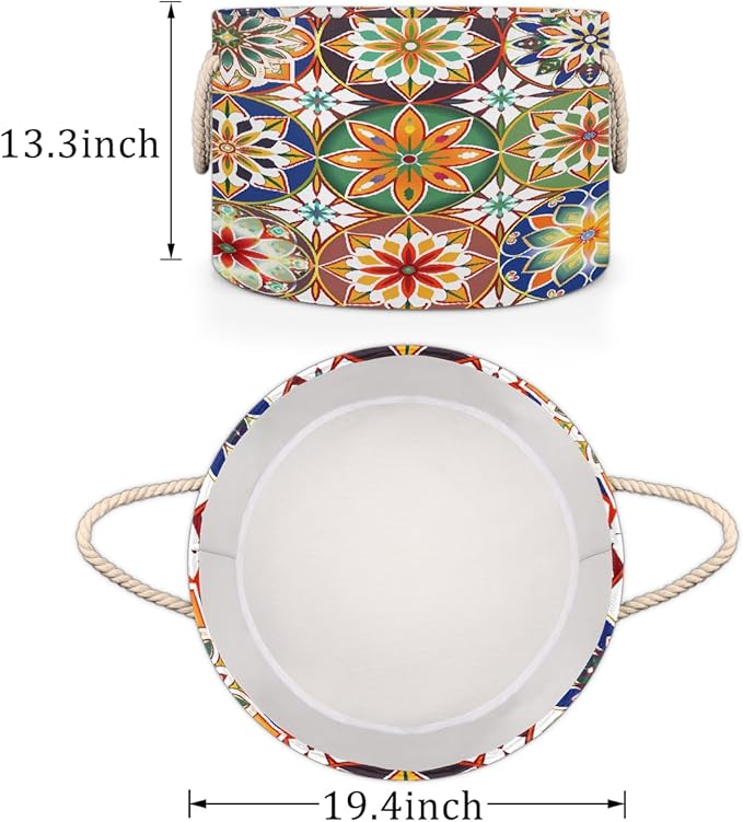 Colorful Geometric Mandala Round Storage Basket for Laundry & Toys, Lightweight Fabric Laundry Hamper with Handles, Foldable Large Organizer Bin for Bedroom Bathroom Nursery Dorm