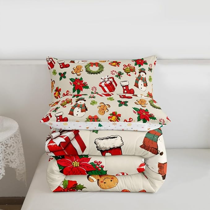 jejeloiu Merry Christmas Comforter Set Twin Size Cute Snowman Bedding Set for Kids Boys Girls Gingerbread Man Duvet Quilt Beige Bedroom Decor