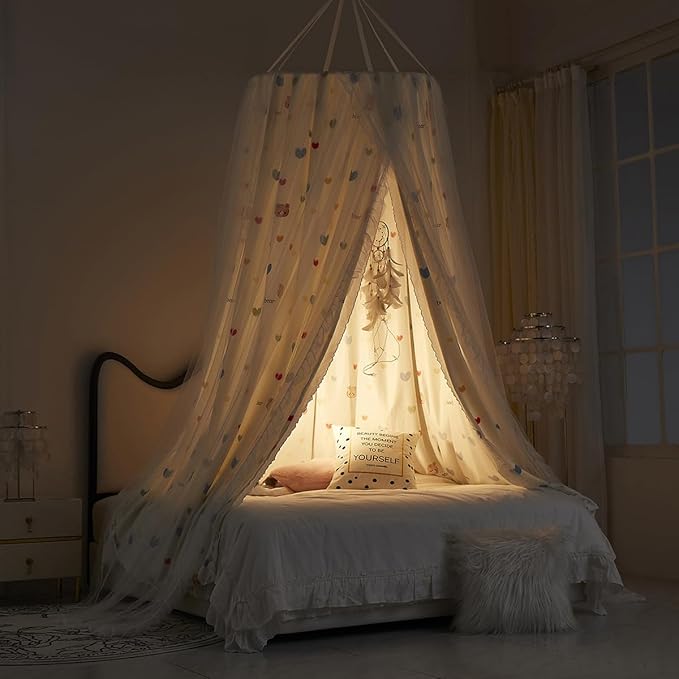Bed Canopy for Girls, Double Layer Dome Mosquito Net Princess Canopy for Girls Bed Room Decor Reading Nook (Lovely Bear)