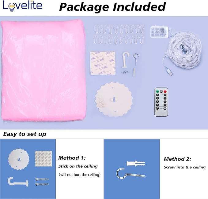 Lovelite Bed Canopy for Girls, Pink Canopy Bed Curtain with Warm White Star String Lights Remote Control, Dome Princess Canopy for Girls Room Twin Full Queen King Bed Decor