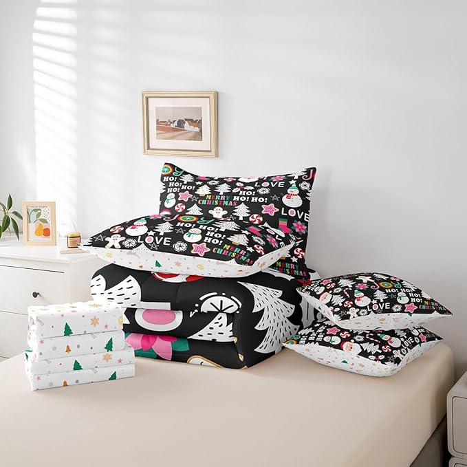 Christmas Kids Bedding Set Cartoon Snowman Gingerbread Man Comforter Set with Sheets for Boys Girls Christmas Tree Decor Bed in a Bag Pink Xmas Theme Black Bed Set 7Pcs King Size