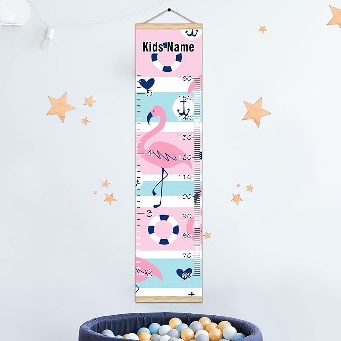 Personalized Kids Name Growth Chart Ruler for Wall Wood Frame Height Measure Chart 13.4x56 in Linen Hanging Height Growth Chart Pink Flamingos Anchor Nautical Kids Room Decor