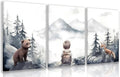 Cyebmo Framed Woodland Boy Nursery Wall Art Set of 3, Whimsical Boy Adventure Wall Decor, Mountain Forest Animal Bear Fox Wrapped Canvas Artwork for Classroom Kids Room Baby Nursery 16"x24"x3