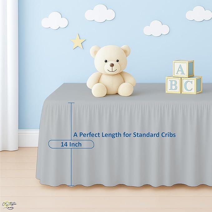 Cottington Lane Light Grey Crib Skirt Dust Ruffle, 100% Natural Cotton, Soft, Durable Nursery Crib Toddler Bedding Skirt for Baby Girls or Boys, Fits Standard Cribs 28" x 52" with 14" Drop