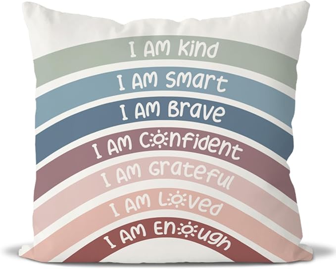 QIYUHOY Boho Rainbow Classroom Throw Pillow Covers, Book Center Calming Corner Playroom Decor Pillow Case, Rrimson Pillow Cover, I Am Kind Smart Brave Confidence 22x22 Inch Pillowcase(Crimson)