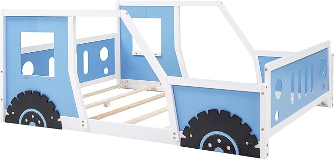 Bellemave Twin Full Size Kids Car Bed, Classic Car-Shaped Platform Bed with Wheels, Wood Full Montessori Floor Bed Frame for Kids Boy Girls, Lightning McQueen Bed (Blue+Black)
