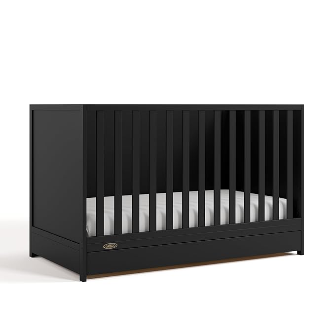 Graco Theo Convertible Crib with Storage Drawer (Black) – GREENGUARD Gold Certified with Drawer, Converts to Toddler Bed, Fits Standard Crib Mattress