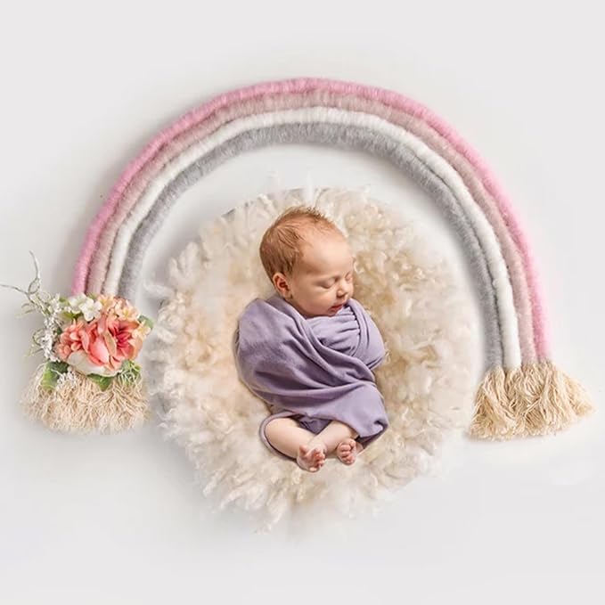 Newborn Photography Props Macrame Rainbow Decor Handmade Rainbows Newborn Photo Prop Rainbow Baby Photoshoot Props Bedroom Wall Decor Playroom Nursery Photo Props Accessories (Pink)