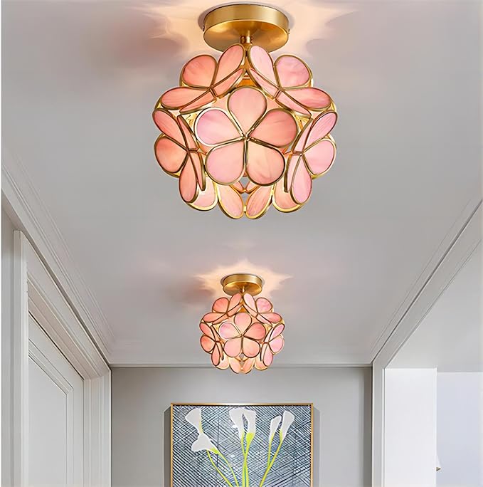 7.9 Inch Petal Ceiling Light, Tiffany Style Metal and Glass Close to Ceiling Light Fixture with E27 Base for Hallway, Entryway, Bedroom - Pink