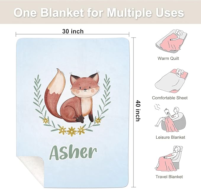 Cute Fox Blue Personalized Receiving Sherpa Fleece Baby Blankets for Girls Boys Kids, Swaddle Blankets Gift for Newborn Crib Infants 30x40 Inches