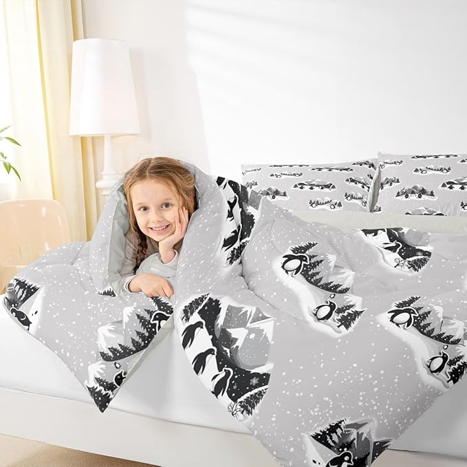 Feelyou Christmas Kids Comforter Set Full Size Polar Penguin Bedding Set Snowflake Duvet Quilt for Kids Boys Girls Bedroom Winter Decor Microfiber Ultra Soft Breathable