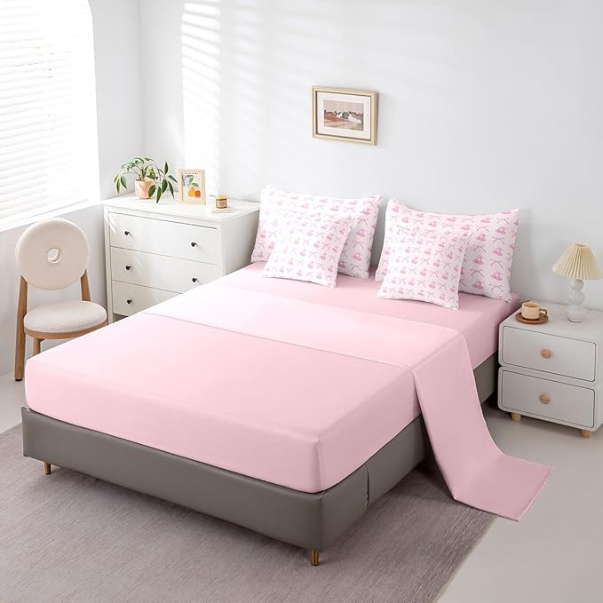 Manfei 7 Pieces Cartoon Bowknot Kids Comforter Set King,Pink Bow Tie Butterfly Knot Princess Bedding Set,Cherry Bow Patchwork Romantic（Comforter+Fitted+Flat Sheet+2 Pillowcases+2 Throw Pillow Covers）