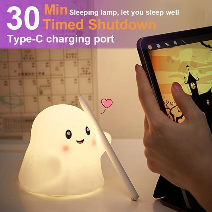 Ghost Night Light for Kids,Halloween Night Light with 13 Interactive Sound Effects ,Cute Silicone Light with 3 Levels of Brightness,Suitable for Indoor Halloween Decorations and Family (white ghost)
