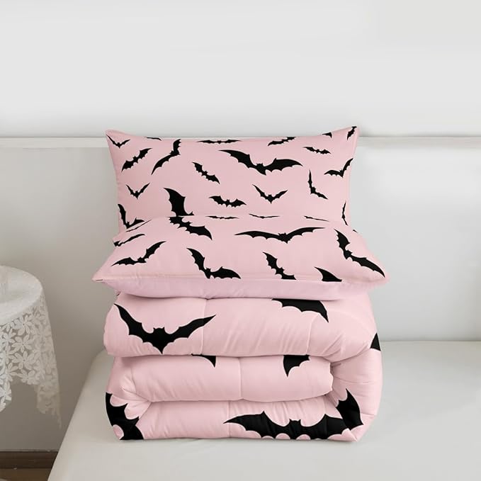 Erosebridal Pink Halloween Bedding Set Gothic Bats Comforter Set Queen,Spooky Halloween Decor Quilt for Kids Boys Girls Adults Black Pink Goth Themed Duvet Insert,Goth Horror Animal
