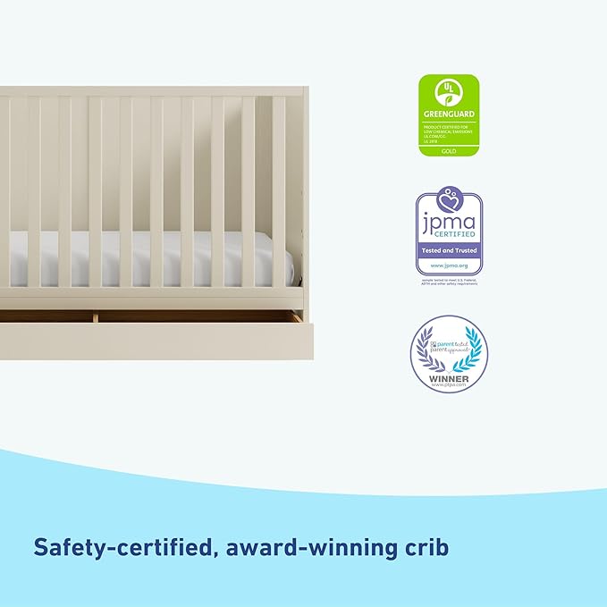 Graco Theo Convertible Crib with Storage Drawer (Frosted Oat) – GREENGUARD Gold Certified Wooden Baby Crib with Drawer, Converts to Toddler Bed, Fits Standard Crib Mattress