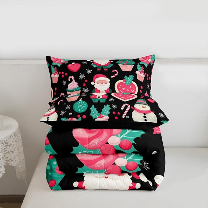 Feelyou Christmas Decor Comforter Set Twin Size Pink Santa Claus Bedding Set for Kids Boys Girls New Year Gift Duvet Quilt Snowman Bedroom Decor Microfiber 2 Pcs with 1 Pillow Cases