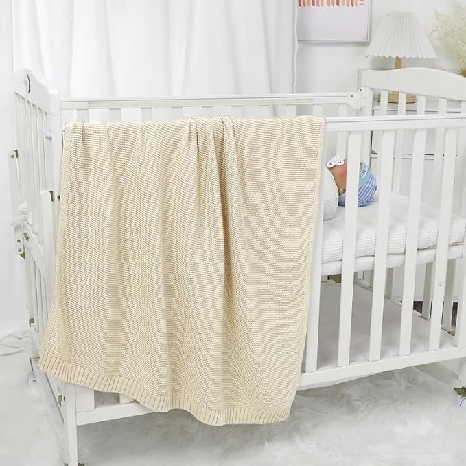 Neiwech Baby Blanket Boy Girl Cotton Knitted Soft Swaddling Receiving Baby Blankets for Newborn Toddler Crib Stroller A-Beige 30 x 40 Inch
