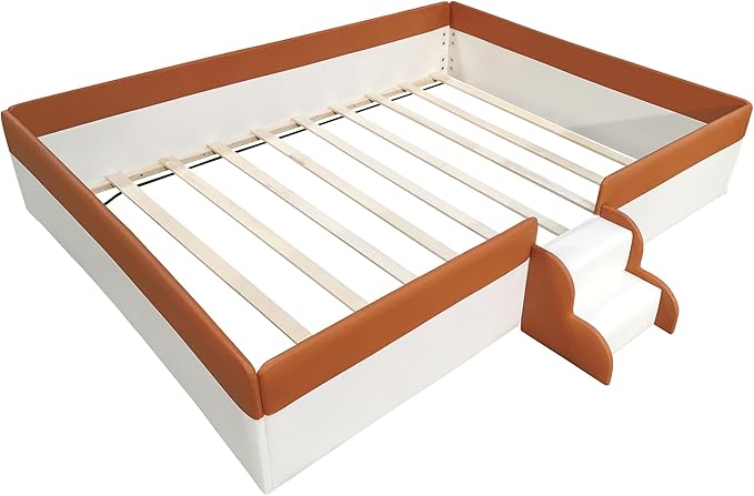 Queen Size Upholstered Daybed Frame with Fence and Stairs, Montessori Kids Floor Bed with Sturdy Slat Support for Kids Boys Girls (Brown+Queen)