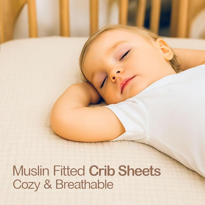 Mère & Moi Muslin Fitted Crib Sheets – 100% Cotton, Ultra-Soft & Breathable Baby Bedding for Standard Crib & Toddler Mattress (28” x 52”) - 2 Pack (Light Blue and Cream)
