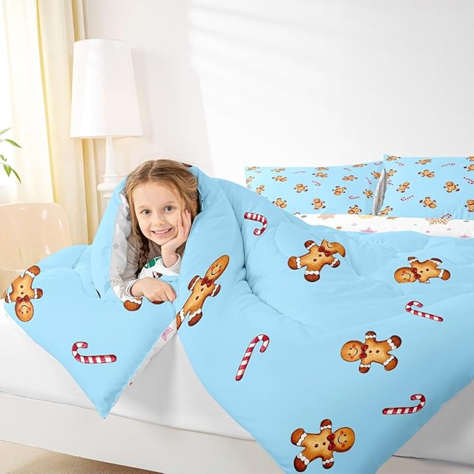 jejeloiu Kids Cute Gingerbread Man Comforter Set Full Size Christmas Theme Bedding Set for Boys Girls Teens Xmas Candy Cane Happy New Year Duvet Quilt Room Decor