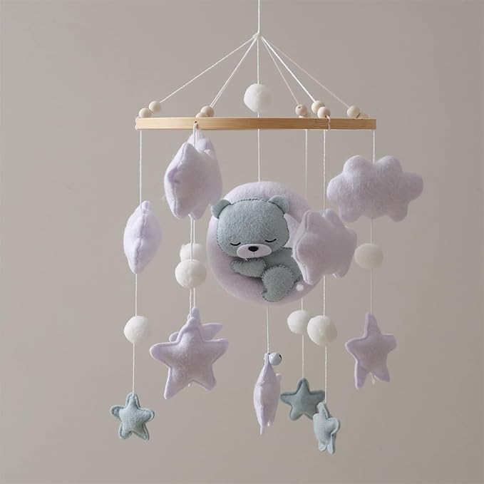 Baby Crib Mobile - Sleeping Bear Mobile for Crib, Felt Cloud Stars Nursery for Boys and Girls, Baby Nursery Hanging Decor (D)