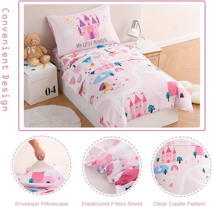 PERFEMET 4 Pcs Twin Bedding Set for Girls Pink Castle Kids Bed in A Bag Comforter Set Ultra Soft Reversible Fairy Tales Themed Bedding Comforter with Sheet Set for All Seasons(Pink, Castle)