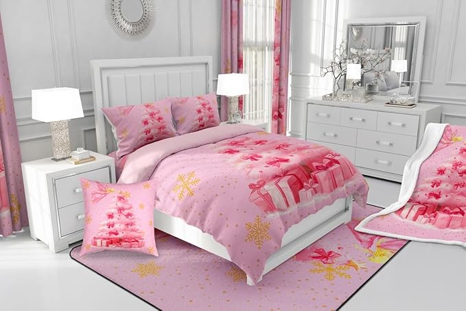 Erosebridal Xmas Tree Queen Bedding Sets Merry Christmas Queen Comforter Set for Kids Boys Girls Teens Snowflake Decorations Down Comforter Princess Bow Pink Decor Duvet Insert