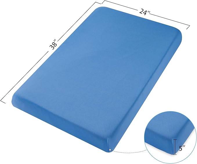 TILLYOU Mini Crib Sheets Fitted 2 Pack, Pack and Play Sheets for Toddler Mattress, Soft and Breathable 38”x 24” Pack n Play Mattresses Cover, Animal Geometry & Blue