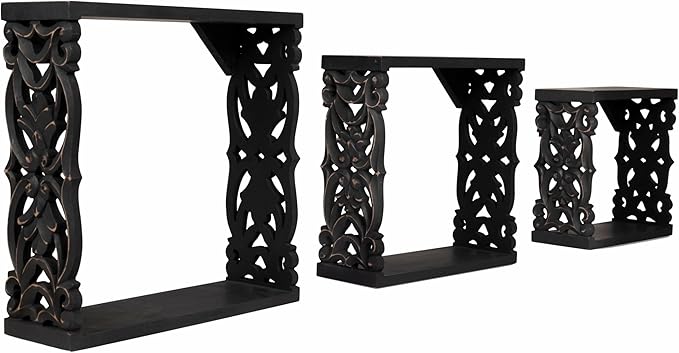 JFY Designs Marina Carved Floating Wall Shelves for Bedroom, Living Room, Bathroom & Kitchen | Wall Mount Display Wall Shelf | Cube Storage – Wood Set of 3 14"x14", 12"x12", 10"x10" | Black