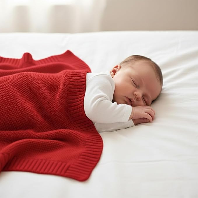 Baby Knit Blanket Soft Cotton Lightweight Newborn Blanket for Crib Stroller Toddler Nursery Shower Gift Cozy Breathable Travel Swaddle Wrap Red 36 x 28 Inches