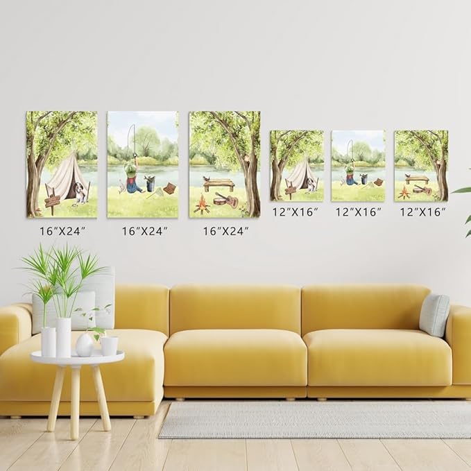 Fishing Nursery Wall Decor, Woodland Camping Nursery Decor Print, Green Mountain Forest Hiking Art, Outdoor Adventure Nature Picture for Boy Room, Little Man Cave Poster, Framed Canvas, 16"x24"x3