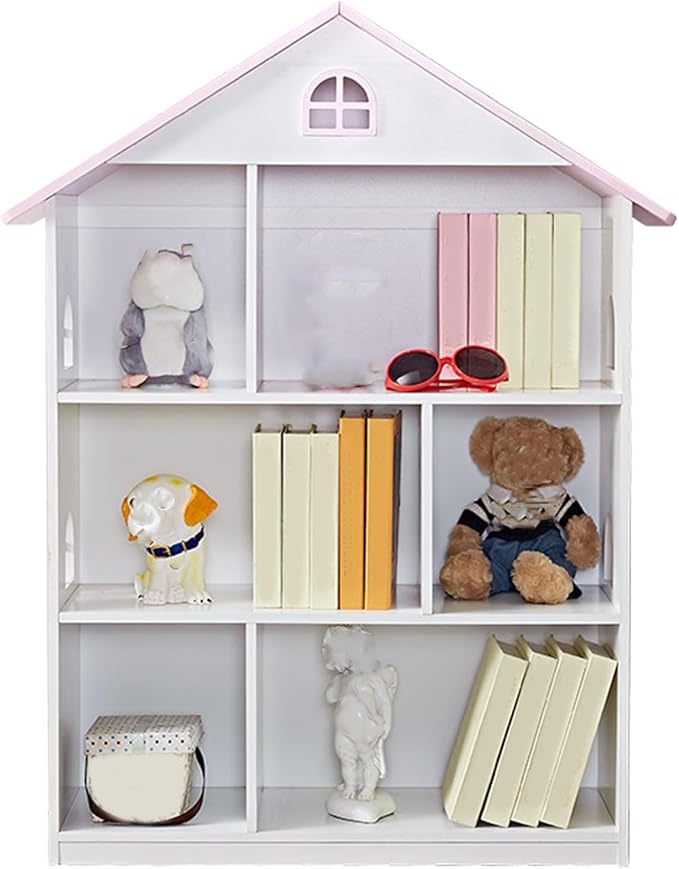 Wooden Dollhouse Bookshelf 4-Tier Kids Bookcase, Toy Storage Organizer & Playhouse with 6 Compartments for Girls Boys, Pink and White Room Furniture for Bedroom Playroom