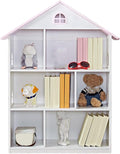 Wooden Dollhouse Bookshelf 4-Tier Kids Bookcase, Toy Storage Organizer & Playhouse with 6 Compartments for Girls Boys, Pink and White Room Furniture for Bedroom Playroom