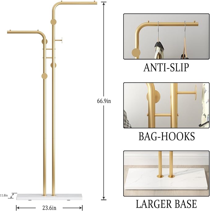 DR.IRON Double-pole Coat Racks Freestanding, Metal Gold Clothing Rack with 5 Hooks and Marble Base, Modern Coat Hanger Stand for Entryway, Living Room, Bedroom Gold