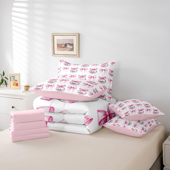 7 Pieces Cartoon Bowknot Kid Comforter Set King,Bow Tie Butterfly Knot Princess Bedding Set,Western Cowgirl Disco Ball Retro Pink White（Comforter+Fitted+Flat Sheet+2 Pillowcases+2 Throw Pillow Covers）