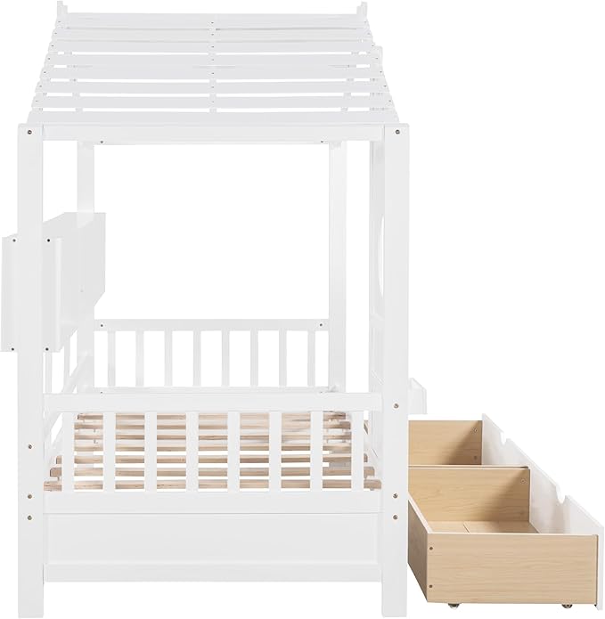Twin Size House Bed with Storage Drawers,Kids House Bed Frame with Shelves,Cute Wood House Bed Twin with Roof for Kids,Girls,Boys,White