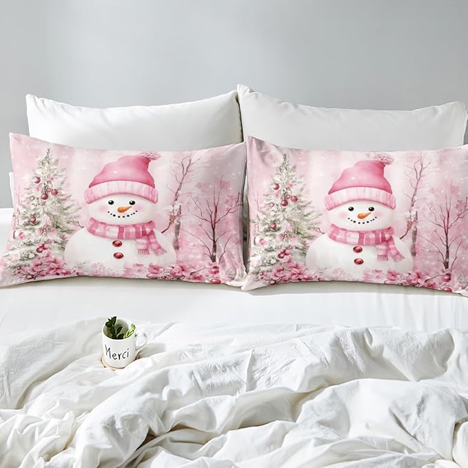Manfei Christmas Kids Duvet Cover Set Queen Size, Cute Snowman Pink Flower Bedding Set for Boy Girl Room Decor, New Year Xmas Comforter Cover, Lightweight Bedspread Cover, 2 Pillowcases, No Comforter