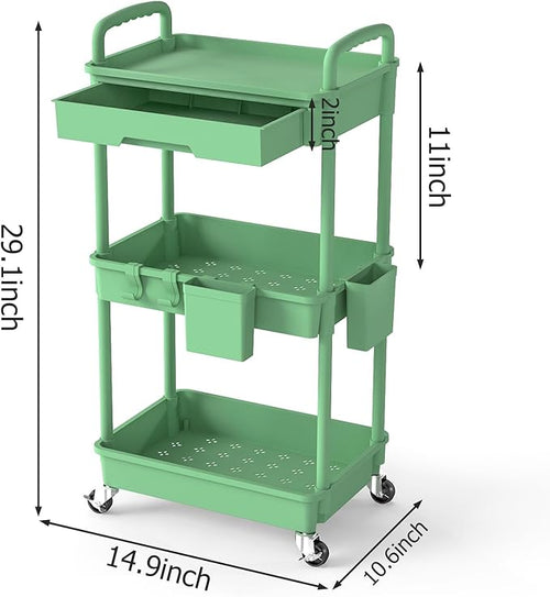 3 Tier Rolling Utility Cart with Drawer, Plastic Storage Organizer Rolling Carts with Wheels Handles Hanging Cups Hooks for Office, Bathroom, Kitchen,Craft Art Room (Green)