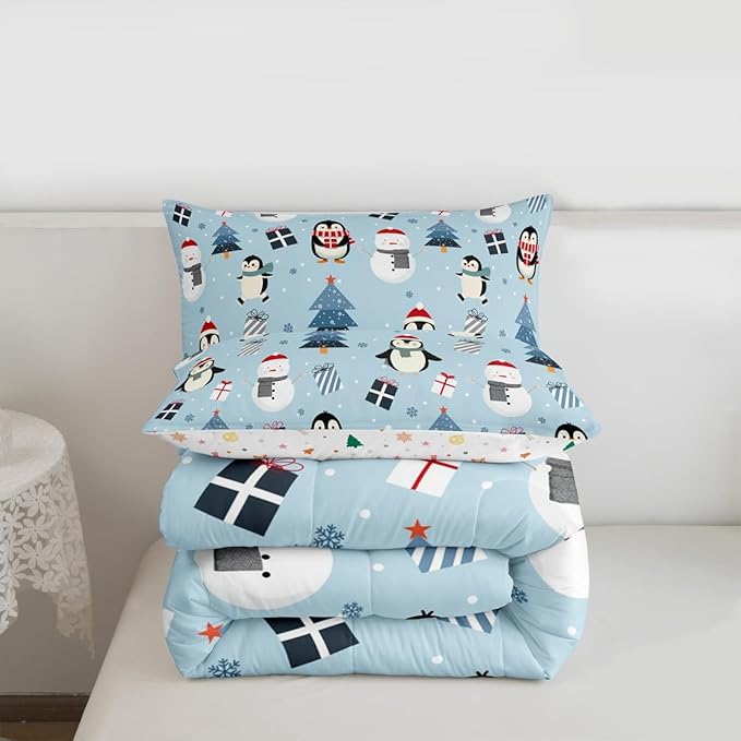 Feelyou Merry Christmas Bedding Set Soft for Boys Girls, Penguin Comforter Set Queen Size Xmas Tree Snowman Duvet Quilt Microfiber Gift Snowflake Bedroom Decor 3 Pcs with 2 Pillow Cases