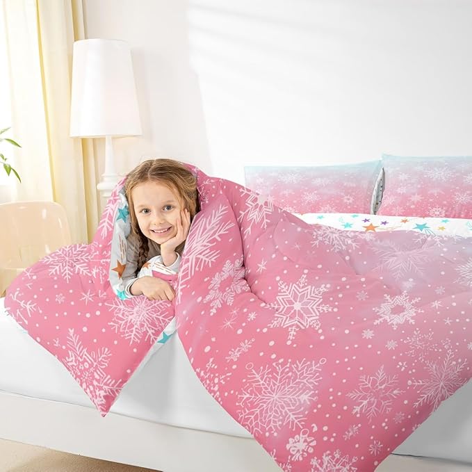 Feelyou Christmas Comforter Set Twin Size Winter Snowflake Bedding Set for Kids Boys Girls Blue Pink Gradient Duvet Quilt Bedroom Decor Microfiber 2 Pcs with 1 Pillow Cases