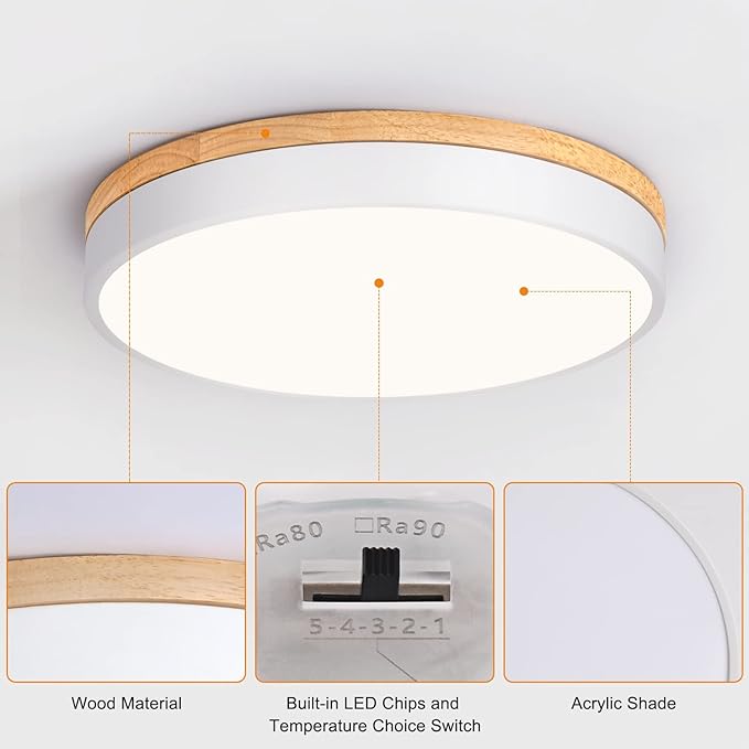 Dimmable Wood LED Flush Mount Ceiling Light, 5CCT 2700K-6000K Modern Round Close to Ceiling Lighting Fixtures, Minimalist White Ceiling Lamp for Living Room, Bedroom, Laundry Room