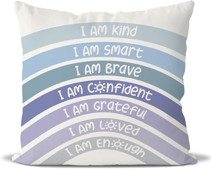 QIYUHOY Boho Rainbow Classroom Throw Pillow Covers, Book Center Calming Corner Playroom Decor Pillow Case, Blue Pillow Cover, I Am Kind Smart Brave Confidence 24x24 Inch Pillowcase(Blue)
