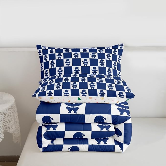 Feelyou Christmas Comforter Set Toddler Size Checkered Bedding Set for Kids Boys Girls Santa Claus Duvet Quilt Xmas Decorations Bedroom Decor Blue Microfiber 2 Pcs with 1 Pillow Cases