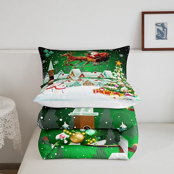 Manfei Christmas Comforter Set Queen Size, Snowman Xmas Tree Quilt Set with 2 Pillowcases, Santa Claus with Deer Bedding Set 3pcs for Kids Boys Girls Room Decor New Year Theme Duvet Insert