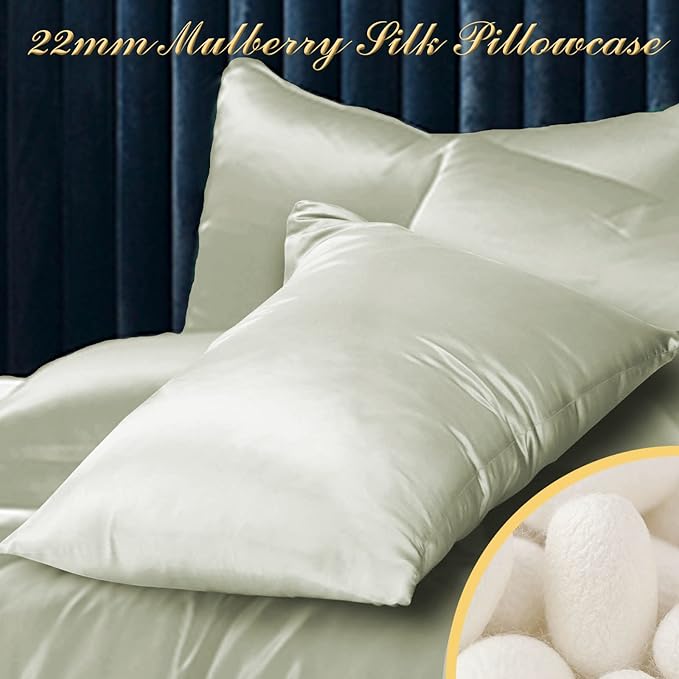 100% Mulberry Silk Pillowcase 2 Pack for Hair and Skin,with Hidden Zipper,Both Sides 22 Momme Natural Silk Pillow Cover,Soft Breathable & Smooth (Matcha, Queen)