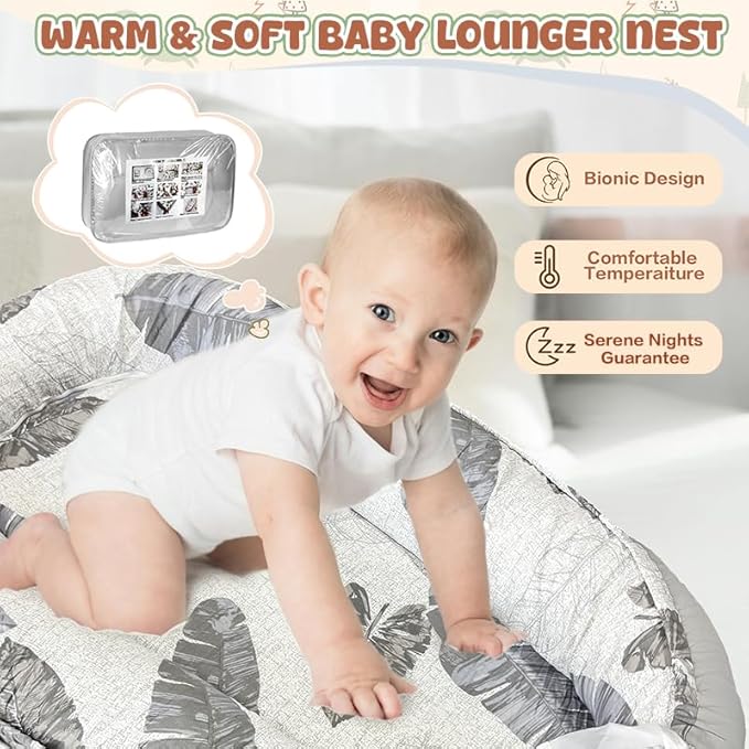 JIFTOK Baby Nests Lounger for Newborn, Snuggle Bassinet for 0-24M, Breathable Portable Co Bed, Baby Essentials Adjustable Infant Soft Cotton Loungers for Home & Travel -Leaves